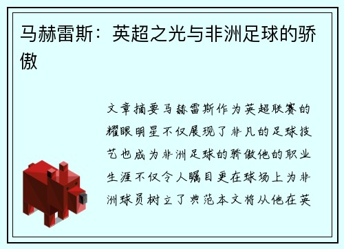 马赫雷斯：英超之光与非洲足球的骄傲